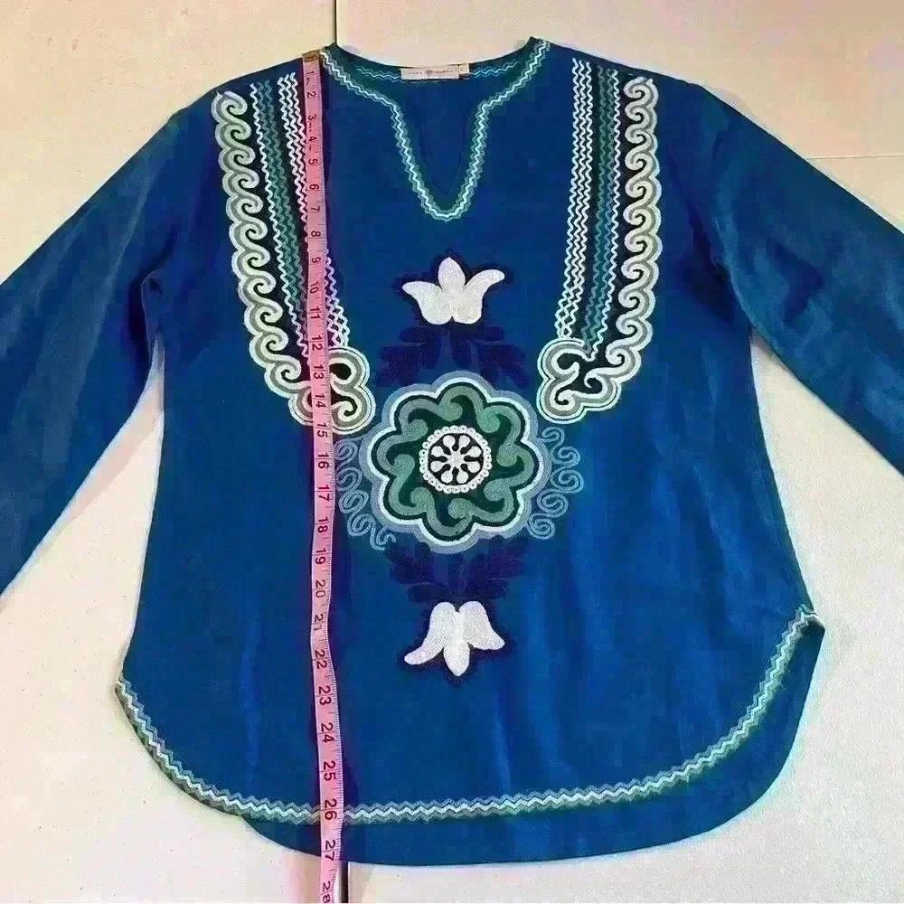 Tory Burch *Emilia* Tunic Size 2 Floral  Embroidered V-Neck Linen Top Shirt Blue